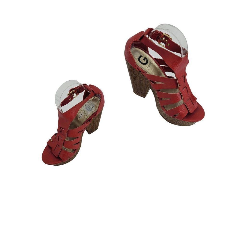 Y2K Guess Strappy Wedge Platform Sandals 8 Red Faux Vegan Leather Chunky Heels - Picture 13 of 15